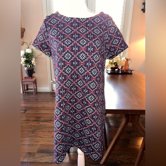 Loft Burgundy Navy Quilted Boho Stretch Shift Dress Size 14 - Picture 5 of 10